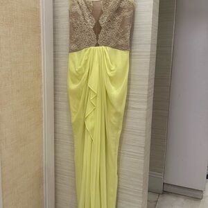 BCBGMaxAzria Cream and Gold Plunge Maxi Gown